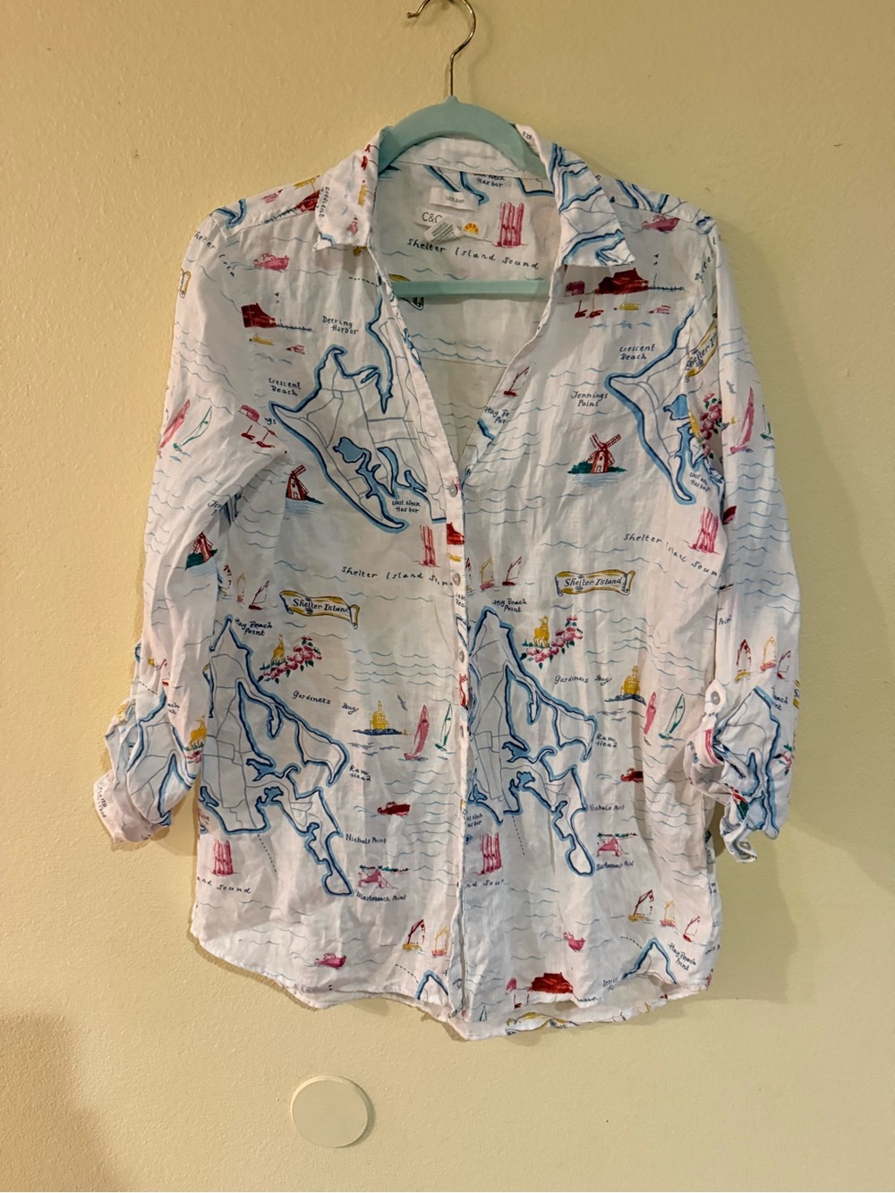 C&C California White Button-Down Shirt with Blue Nautical Map Print boho size M